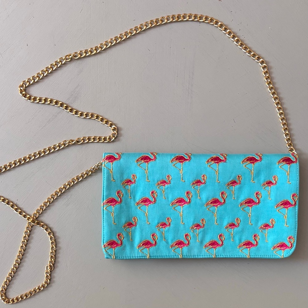 SHIRALEAH CHICAGO Satin Embroidered Flamingo Clutch Gold Chain Shoulder Bag